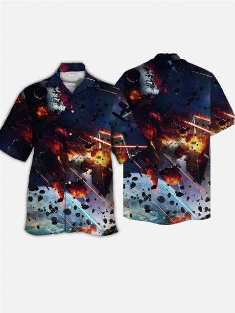Eye-Catching Space War Meteorites And Spaceships Printing Cuban Collar Hawaiian Short Sleeve Shirt