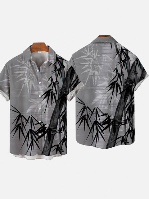 Grey Ink Painting Bamboo And Leaves Printing Short Sleeve Shirt