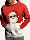Red And White Stitching Cute Sunglasses Santa Claus Printing Hooded Sweatshirt