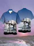 Eye-Catching Space War Giant Walker On Barren Snowy Field Printing Cuban Collar Hawaiian Short Sleeve Shirt