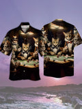 Eye-Catching Pet Elements Cat Godfather Gambling Printing Cuban Collar Hawaiian Short Sleeve Shirt