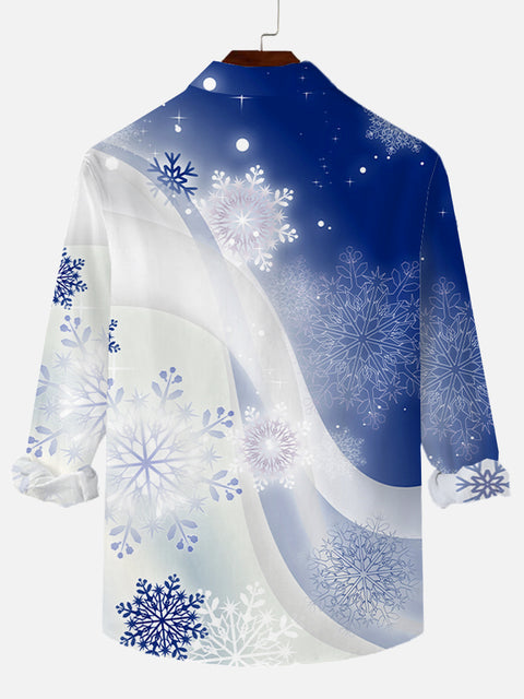 Blue And White Gradient Ribbon And Snowflakes Printing Breast Pocket Long Sleeve Shirt
