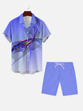Gradient Purple Light Business Style Twisted Ribbon Printing Hawaiian Cuban Collar Short Sleeve Shirt Set