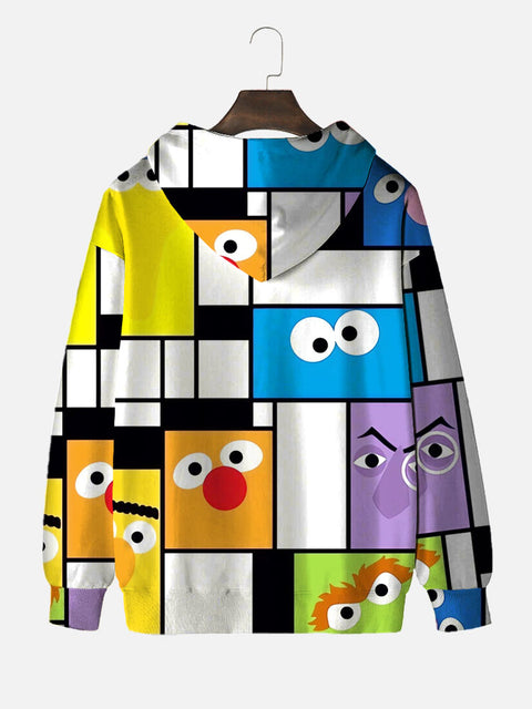Modern Art Plaid And Big-Eyed Cartoon Characters Personalized Cartoon Costume Printing Hooded Sweatshirt