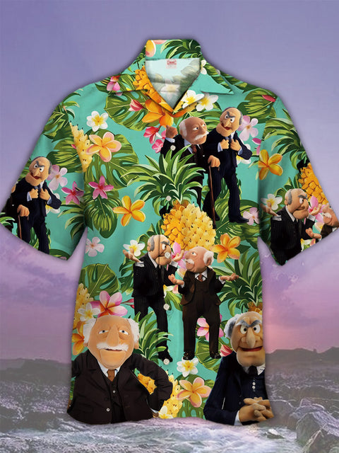 Eye-Catching Tropical Pattern Pineapple Leaves And Puppet Gentlemen Printing Cuban Collar Hawaiian Short Sleeve Shirt