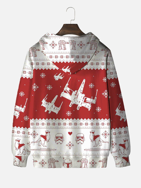 Ugly Christmas Red And White Spaceship And Space Samurai Masks Printing Hooded Sweatshirt