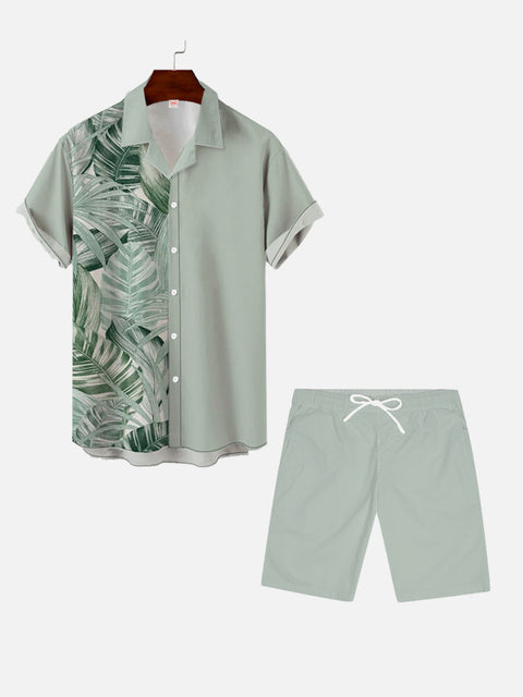 Green Summer Fashion Tropical Palm Leaves Printing Hawaiian Cuban Collar Short Sleeve Shirt Set