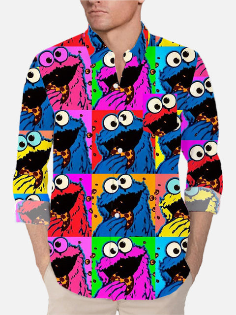 Cartoon Colorful Color Block Plush Cookie Monster Printing Long Sleeve Shirt