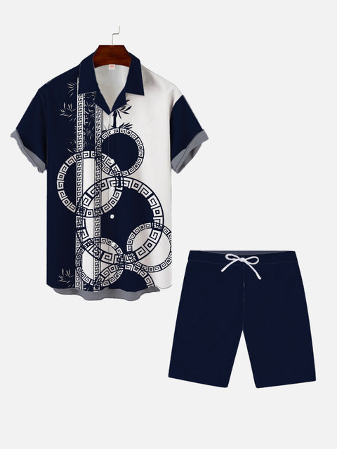 Navy Ethnic Circles And Stripes Printing Hawaiian Cuban Collar Short Sleeve Shirt Set