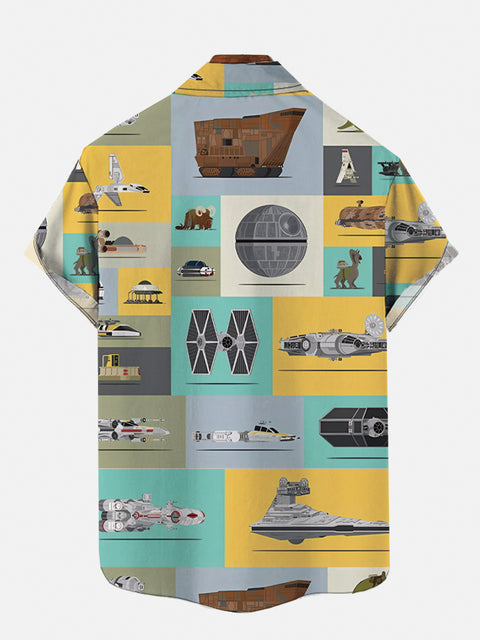 Abstract Colorful Color Blocks Splicing Space War Elements Spaceships And Drones Printing Short Sleeve Shirt