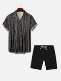 Vintage Silver Stripe In Black Printing Summer Hawaiian Cuban Collar Short Sleeve Shirt Set
