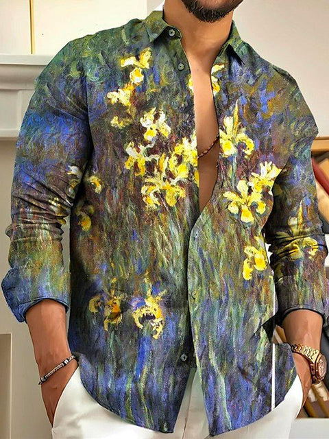 Vintage Oil Painting Field of Yellow Iris Flowers Printing Long Sleeve Shirt