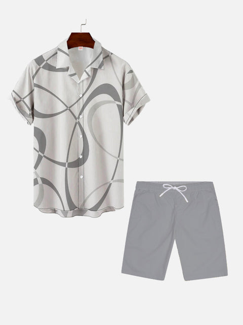 Gray Casual Abstract Artistic Curve Print Hawaiian Cuban Collar Short Sleeve Shirt Set