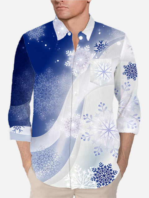 Blue And White Gradient Ribbon And Snowflakes Printing Breast Pocket Long Sleeve Shirt
