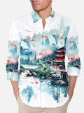 Mystical Oriental Watercolor Painting Ancient Buildings And Mountains Printing Breast Pocket Long Sleeve Shirt