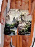 Mysterious Oriental Natural Scenery Stone Steps And Stream Painting Printing Shorts
