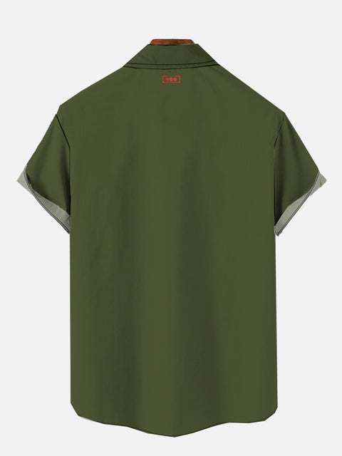 Vacation Style Green Color Matching Coconut Tree Printing Hawaiian Cuban Collar Short Sleeve Shirt Set