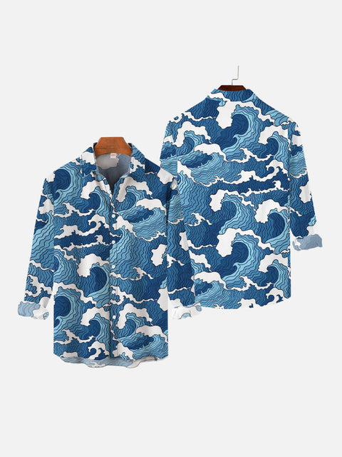 Ukiyo-e Japanese Blue Sea Waves Printing Long Sleeve Shirt