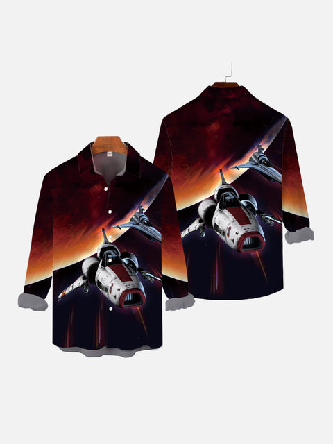 Sci-Fi Spaceship Flying Off The Planet Printing Long Sleeve Shirt