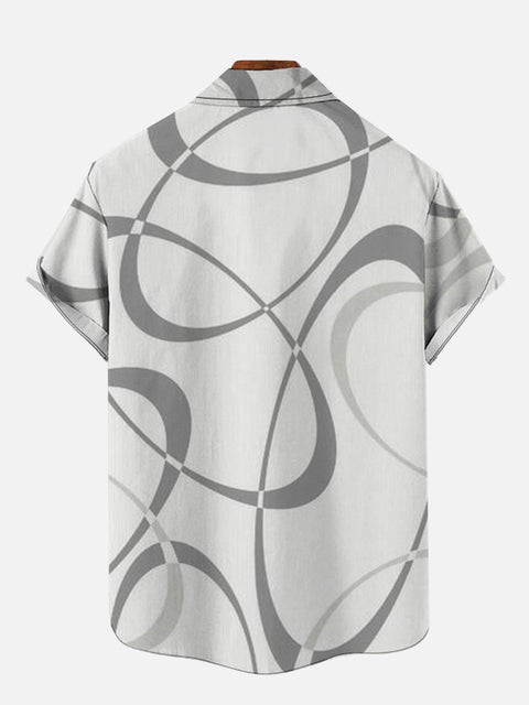 Gray Casual Abstract Artistic Curve Print Hawaiian Cuban Collar Short Sleeve Shirt Set