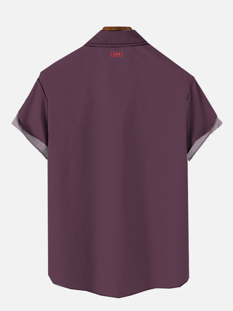 Retro Brown Red Abstract Lineart Check Pattern Hawaiian Cuban Collar Short Sleeve Shirt Set