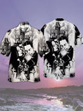 Eye-Catching Black And White Couple And Cemetery Printing Cuban Collar Hawaiian Short Sleeve Shirt