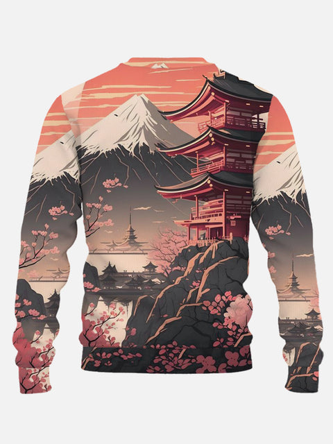 Ukiyoe Mount Fuji Cherry Blossom Pavilion At Dusk Printing Round Collar Sweatshirt