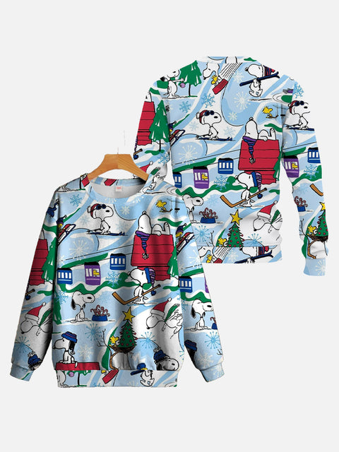 Cartoon Puppy Christmas With Christmas Tree And Cabin Printing Round Collar Sweatshirt