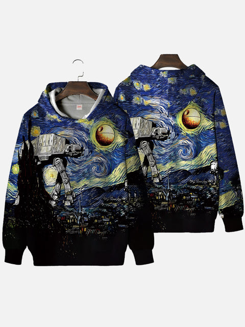 Classic Famous Painting Starry Sky And Armored Walker Printing Hooded Sweatshirt