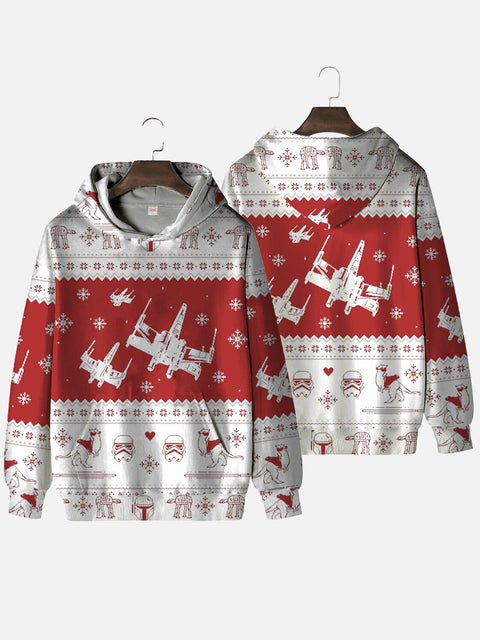 Ugly Christmas Red And White Spaceship And Space Samurai Masks Printing Hooded Sweatshirt