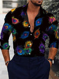 Brightly Colored Peacock Feathers On Black Printing Long Sleeve Shirt