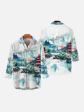 Mystical Oriental Watercolor Painting Ancient Buildings And Mountains Printing Breast Pocket Long Sleeve Shirt