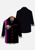 Retro Black And Purple Stripe Button Down Winged Skull Printing Breast Pocket Long Sleeve Shirt
