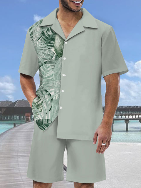 Green Summer Fashion Tropical Palm Leaves Printing Hawaiian Cuban Collar Short Sleeve Shirt Set
