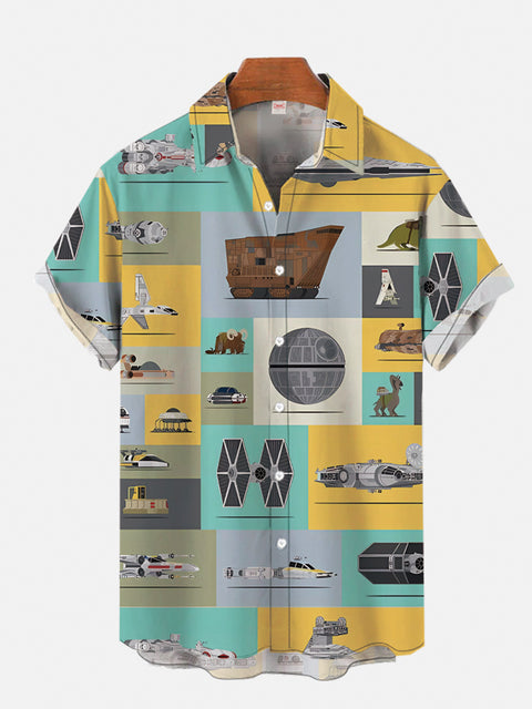 Abstract Colorful Color Blocks Splicing Space War Elements Spaceships And Drones Printing Short Sleeve Shirt
