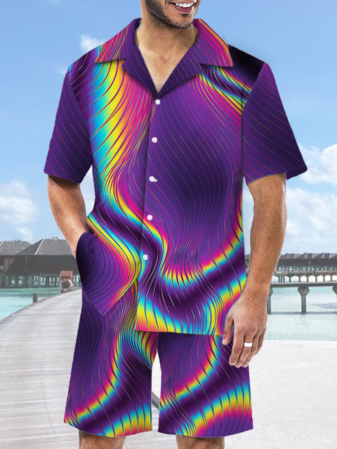 Vintage Disco Psychedelic Hippie Neon Light Printing Hawaiian Cuban Collar Short Sleeve Shirt Set