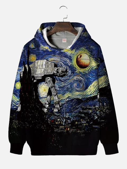 Classic Famous Painting Starry Sky And Armored Walker Printing Hooded Sweatshirt