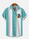 50s Cyan White Contrasting Color And Cocktail Parrot Printing Short Sleeve Shirt