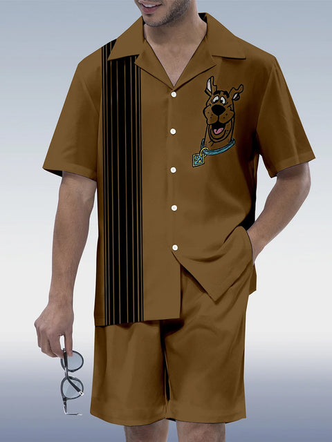 Black And Brown Color Matching Cartoon Dog Hawaiian Cuban Collar Short Sleeve Shirt Set