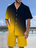 Fashion Color Contrast Polka Pot Printing Hawaiian Cuban Collar Short Sleeve Shirt Set