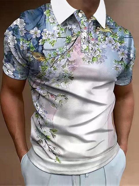 Gradient Artistic Painted Birds and Flowers Printing Short Sleeve Polo