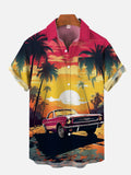 Hawaii Sunset Coconut Tree And Red Classic Car Printing Breast Pocket Short Sleeve Shirt