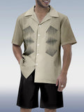 Casual Khaki Art Stripe Geometric Optical Illusion Printing Hawaiian Cuban Collar Short Sleeve Shirt Set