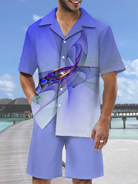 Gradient Purple Light Business Style Twisted Ribbon Printing Hawaiian Cuban Collar Short Sleeve Shirt Set