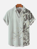 Green Elegant White Flower Branch Printing Short Sleeve Shirt