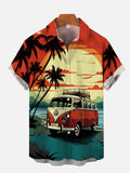 Hawaii Sunset Retro Mini Hippie Bus On The Beach Printing Short Sleeve Shirt