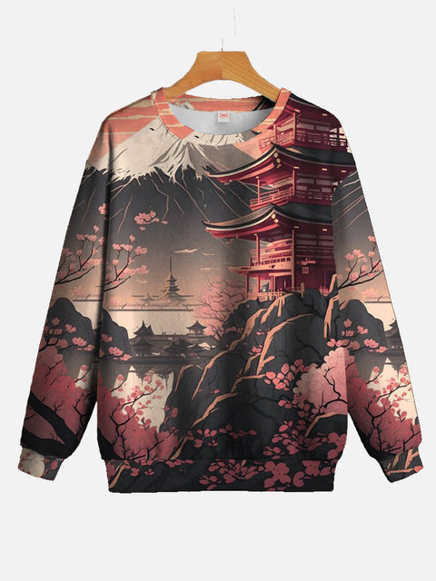 Ukiyoe Mount Fuji Cherry Blossom Pavilion At Dusk Printing Round Collar Sweatshirt