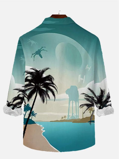 Quiet Beach Coconut Tree Technology Battle Armor Silhouette Printing Long Sleeve Shirt