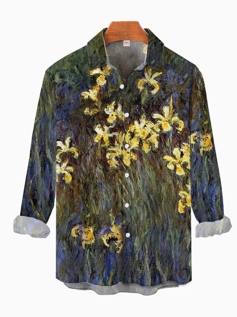 Vintage Oil Painting Field of Yellow Iris Flowers Printing Long Sleeve Shirt