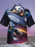 Eye-Catching Cool Sci-Fi Spaceship Space Battle Printing Cuban Collar Hawaiian Short Sleeve Shirt